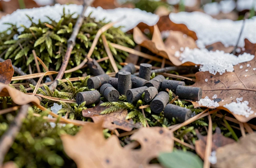 Crottes de cerf noires sur la mousse d'un sous-bois en hiver