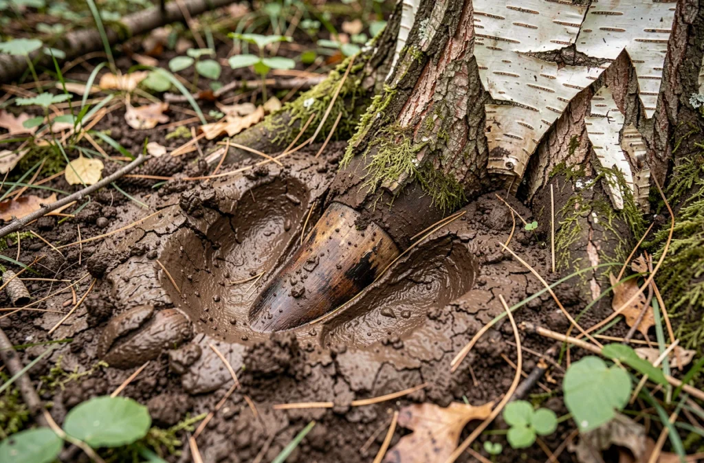 Empreinte de cerf dans la boue près d'un tronc écorcé