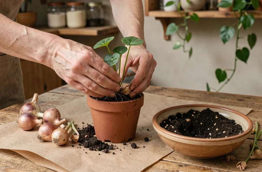 Mains de femme en train de rempoter un oxalis sur une table en bois, avec des bulbes et du terreau frais visibles, illustrant la technique de reprise après dormance
